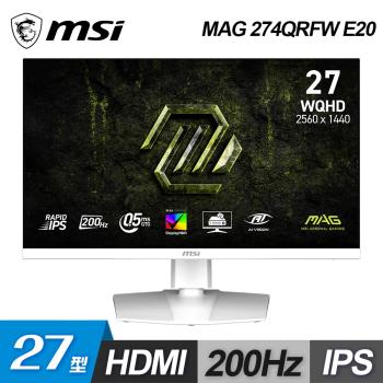  MSI 微星 MAG 274QRFW 27吋 IPS 面板顯示器，WQHD (2560 x 1440) 高解析度，180Hz 更新頻率與 1ms (GTG) 超快反應時間，完美適合電競遊戲與辦公追劇。支援 Adaptive-Sync 同步技術，400 cd/m² 亮度、178° 廣視角，內建抗藍光、護眼、零閃屏與 HDR 功能，窄邊框設計提升視覺體驗。HDMI 與 DisplayPort 輸入，VESA 壁掛相容，三年保固，CP 值高達學生入門與 OA 辦公首選。 