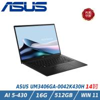 ASUS華碩 UM3406GA 是一款14吋輕薄筆電，搭載AMD Ryzen 5 430處理器，16GB LPDDR5X記憶體與1TB固態硬碟，提供高效能與流暢運作。螢幕為IPS面板，解析度達1920 x 1200，色彩表現優異。支援Wi-Fi 6E與藍芽5.4，提供穩定快速的無線連線。內建FHD網路攝影機，具備IR功能。重量僅1.2kg，便於攜帶。預裝Windows 11 Home作業系統，適合日常辦公與學習使用。