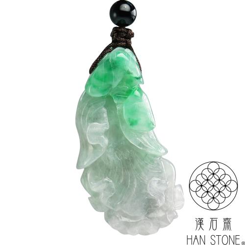 【漢石齋】天然翡翠A貨 白菜百財玉佩吊墜 冰糯種飄花帶辣綠(21*43*13mm)