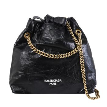 BALENCIAGA 巴黎世家 781796 CRUSH TOTE BB 壓褶牛皮綁帶鍊包.黑/金XS