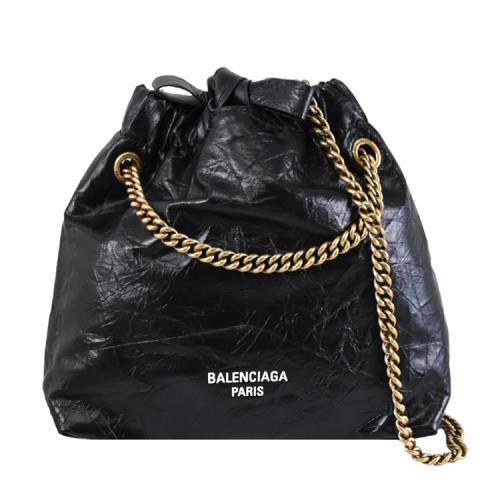 BALENCIAGA 巴黎世家 781796 CRUSH TOTE 燙印LOGO揉製綁帶鍊包.黑XS