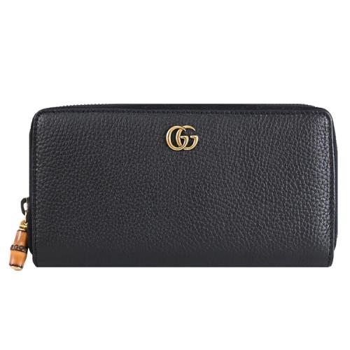 GUCCI 739499 Petite GG Marmont 粒面皮革竹節ㄇ字拉鍊長夾.黑色