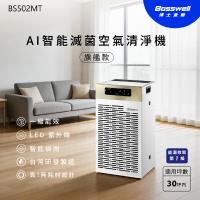 BOSSWELL博士韋爾 BS502 型號BS502WN，為臺灣製造的無濾網空氣清淨機，適合30坪內空間使用。機身尺寸33x36x60cm，重量僅17.5kg，白色系設計輕巧美觀。消耗電功率13-48W，具備第一級能源效率，無需更換濾網，操作簡便。配件包含說明書，保固1年，BSMI許可字號R33I72，提供高效淨化與節能環保的居家空氣解決方案。
