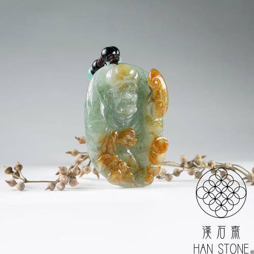 漢石齋】天然翡翠A貨羅漢悟道玉佩吊墜冰糯種飄花帶紅黃翡(35*49*16mm