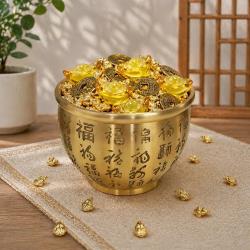 A&R】招財轉運百福納財黃銅聚寶盆附金蟾元寶五帝錢擺飾大款(開運補財庫