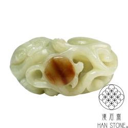 白玉 和田青白玉 独角瑞兽 清代 漢石齋】天然和田玉瑞獸來財玉珮手把件青白玉帶糖(62*47*33mm)|其他