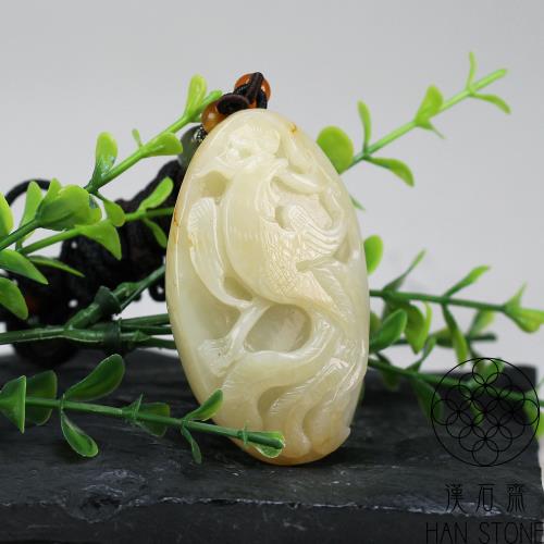 漢石齋】天然和田玉鳳凰呈祥玉佩吊墜白玉帶沁色(36*58*19mm)|動物