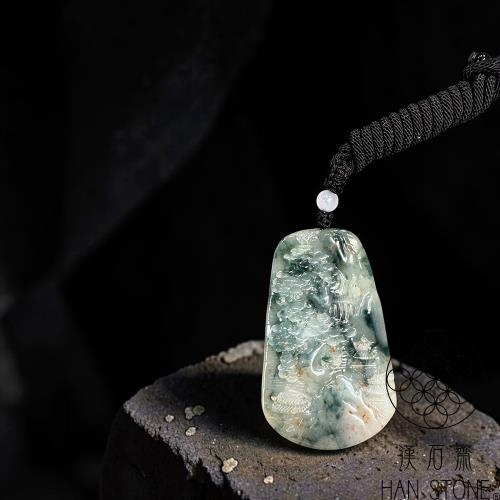 漢石齋】天然翡翠A貨山水玉佩吊墜冰糯種飄花灑金(39*63*6mm)|其他造型