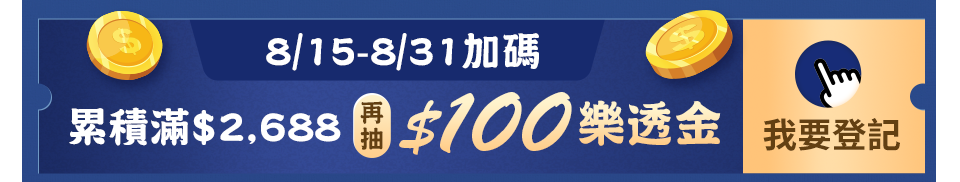 8/15-8/31加碼 累積滿$2,688再抽$100樂透金 8/15-8/31加碼 累積滿$2,688再抽$100樂透金
