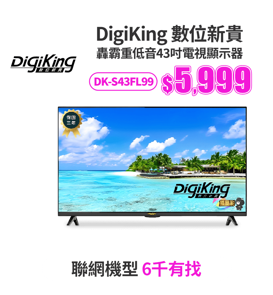 【DigiKing 數位新貴】轟霸重低音安卓11智慧聯網43吋電視顯示器(DK-S43FL99)(不含安裝)-庫