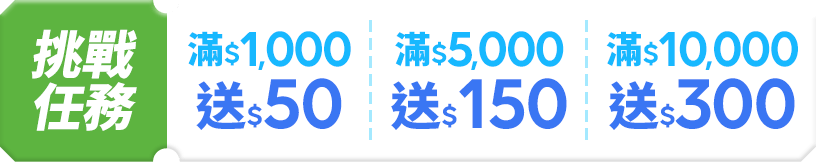 挑戰任務 $1,000送50 滿$5,000送150 滿$10,000送300
