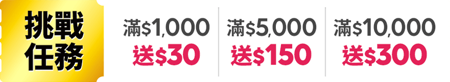 挑戰任務 $1,000送30 滿$5,000送150 滿$10,000送300