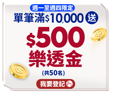 週一至週四滿$10,000登記送$500樂透金