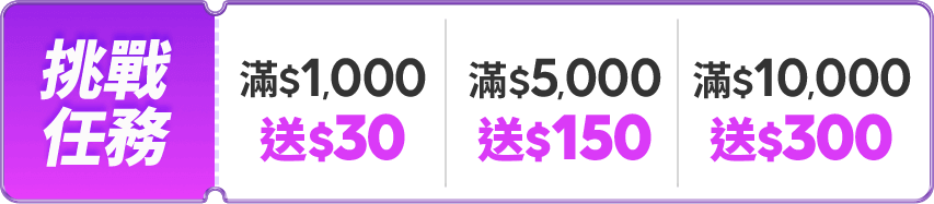 挑戰任務 $1,000送50 滿$5,000送150 滿$10,000送300