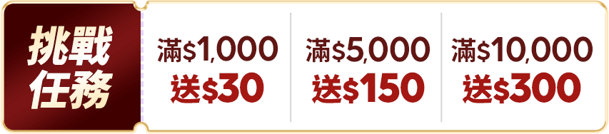 挑戰任務 $1,000送50 滿$5,000送150 滿$10,000送300