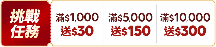 挑戰任務 $1,000送50 滿$5,000送150 滿$10,000送300