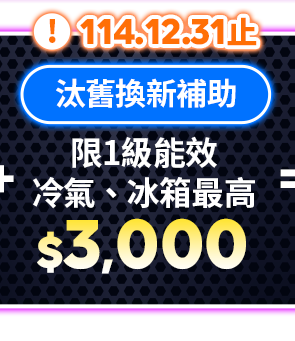 汰舊換新補助 限1級能效 冷氣、冰箱最高$3,000